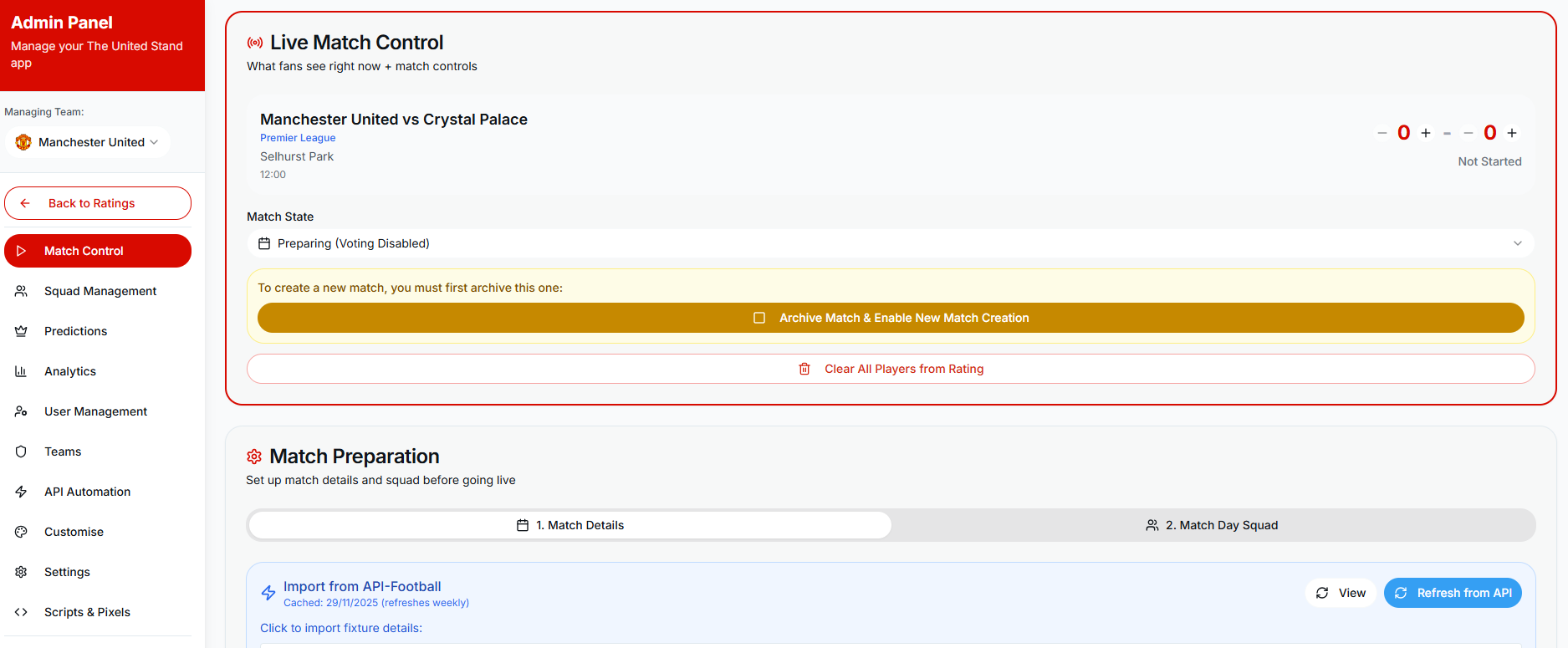 Match control and administration interface